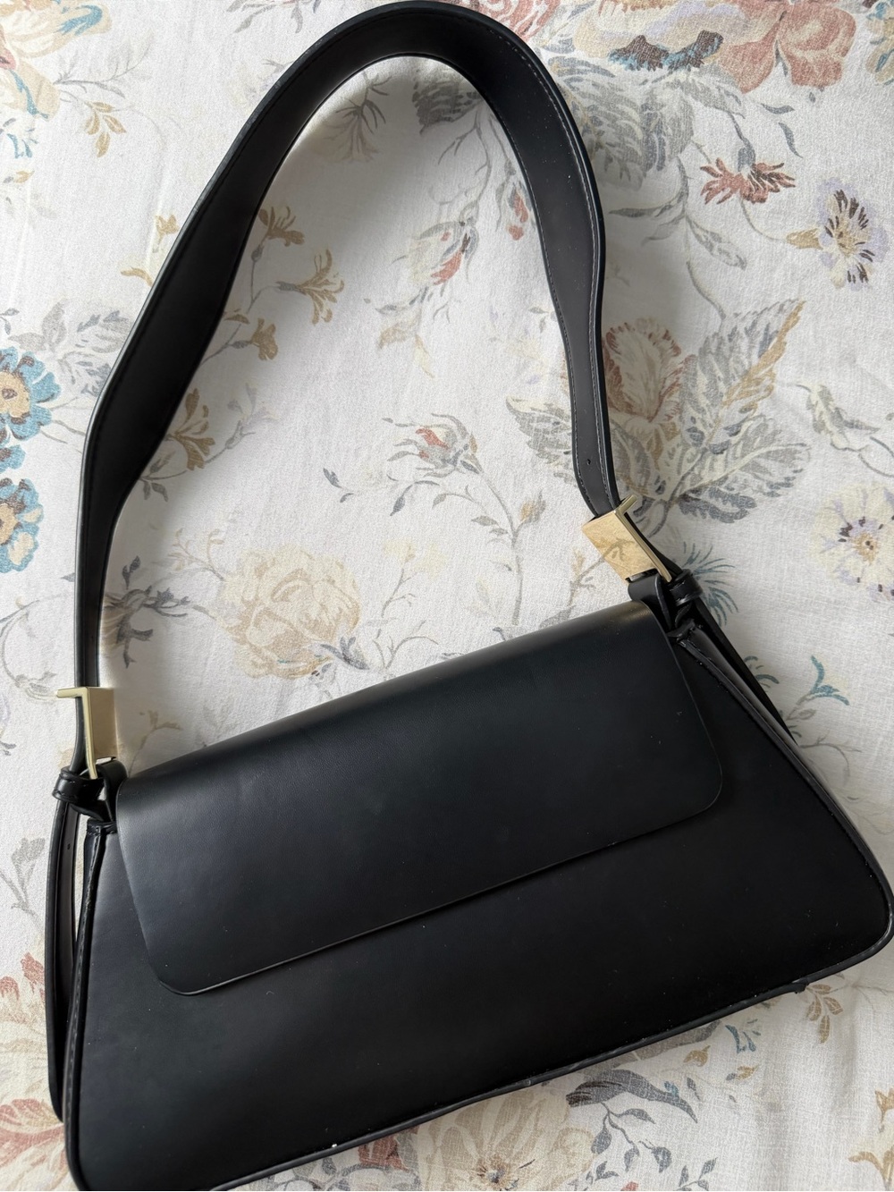Zara Black Leather Shoulder Bag with Gold-Tone Accents